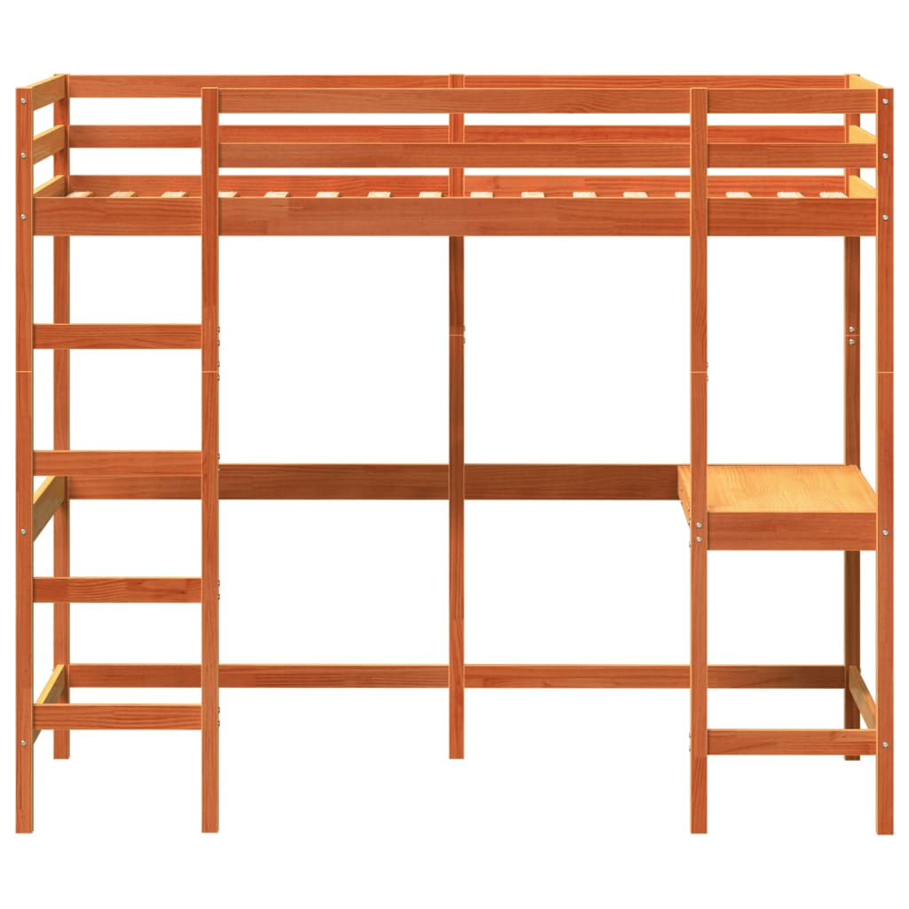 vidaXL Hochbett mit Schreibtisch Wachsbraun 90x200cm Massivholz Kiefer