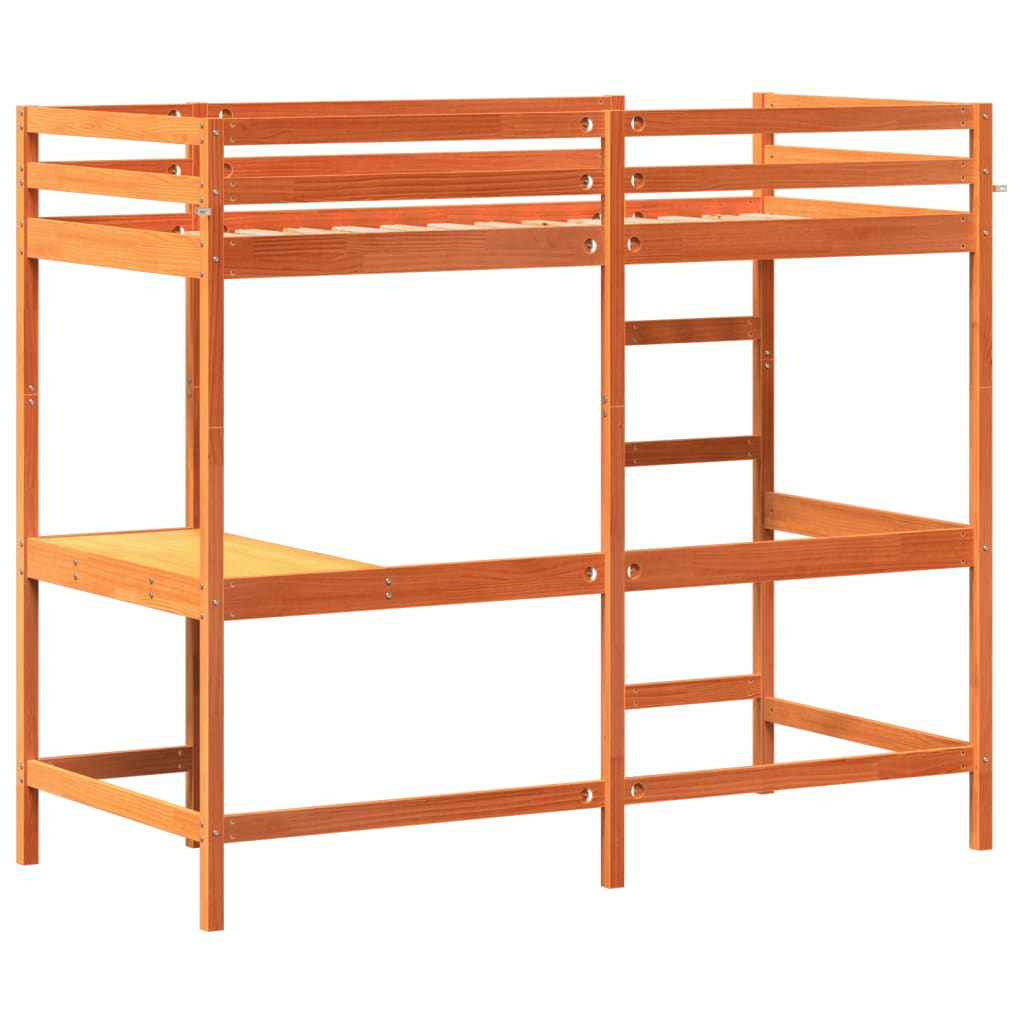 vidaXL Hochbett mit Schreibtisch Wachsbraun 90x200cm Massivholz Kiefer