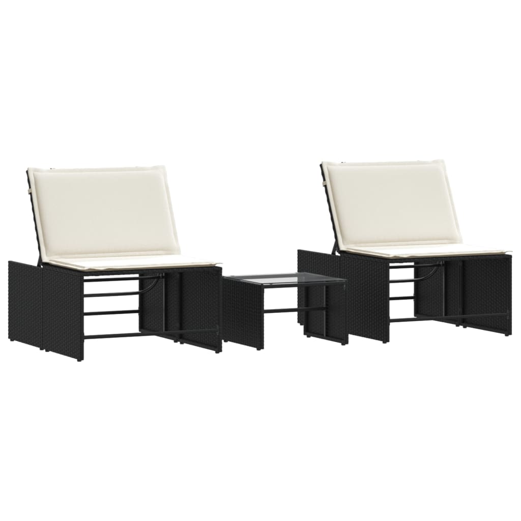 vidaXL Modulare Sonnenliegen 2 Stk. mit Tisch Schwarz Poly Rattan