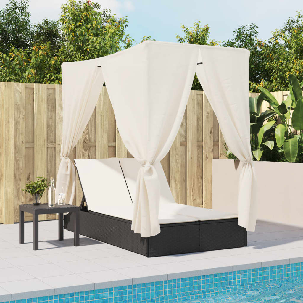 vidaXL Doppel-Sonnenliege mit Dach und Vorhängen Schwarz Poly-Rattan