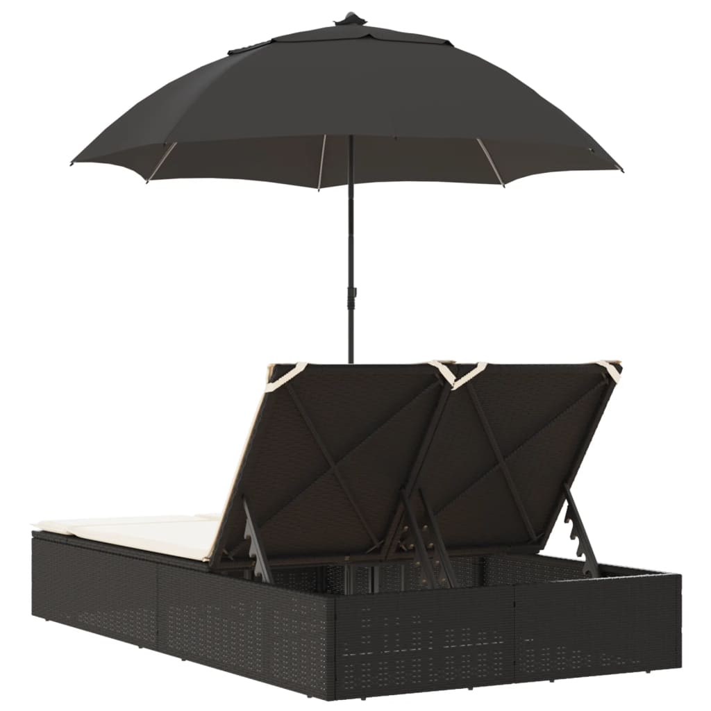 vidaXL Doppel-Sonnenliege mit Kissen&Sonnenschirm Schwarz Poly Rattan
