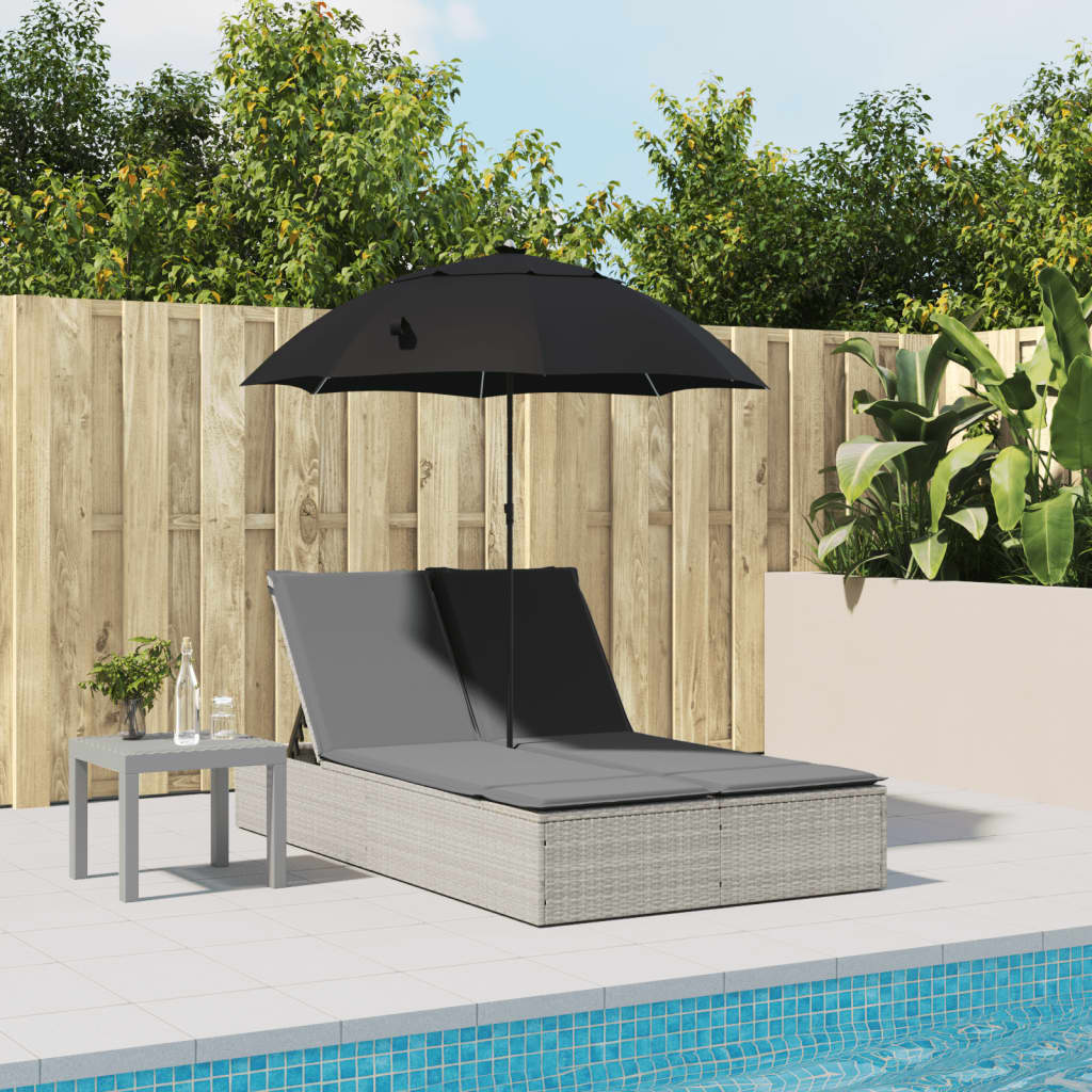vidaXL Doppel-Sonnenliege mit Kissen & Schirm Hellgrau Poly Rattan