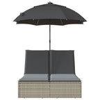 vidaXL Doppel-Sonnenliege mit Kissen & Schirm Hellgrau Poly Rattan