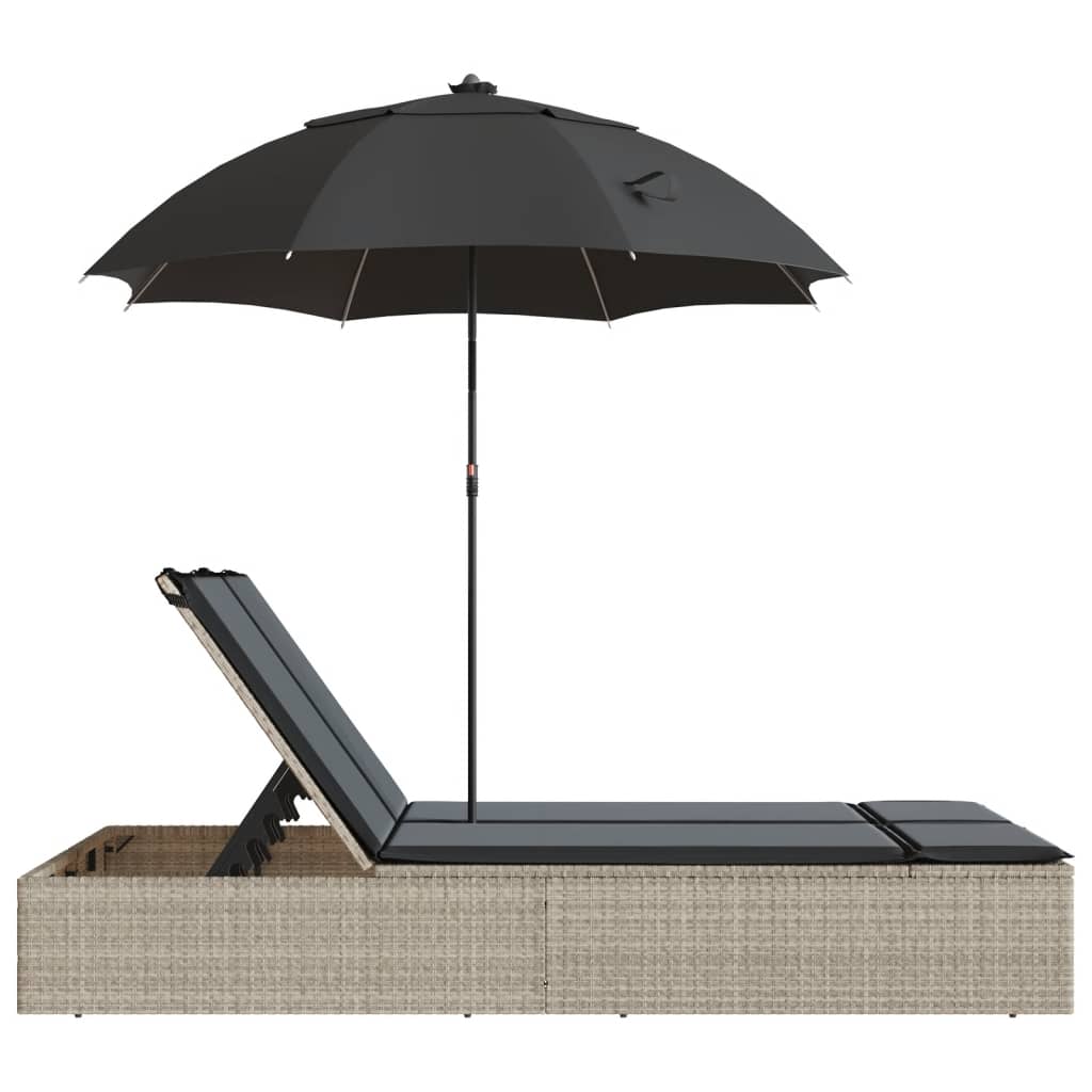 vidaXL Doppel-Sonnenliege mit Kissen & Schirm Hellgrau Poly Rattan