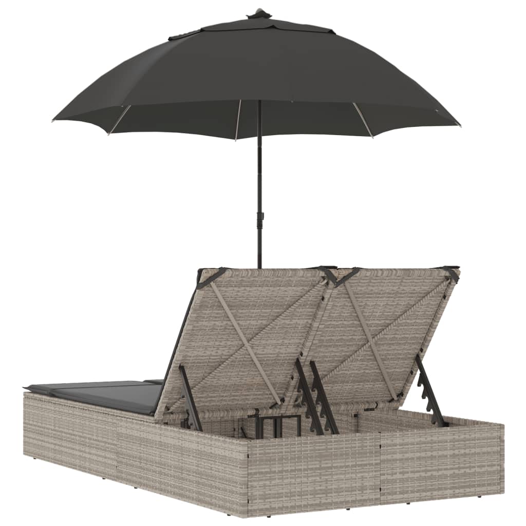 vidaXL Doppel-Sonnenliege mit Kissen & Schirm Hellgrau Poly Rattan