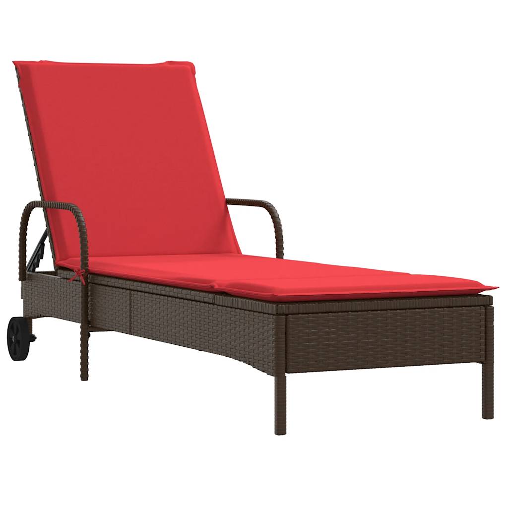 vidaXL Sonnenliege mit Rollen und Kissen Braun Poly Rattan
