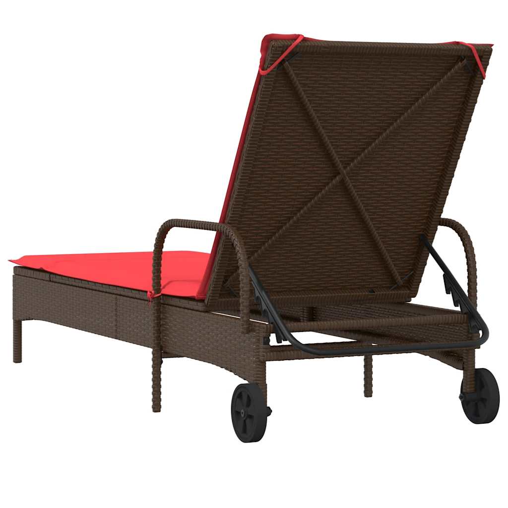vidaXL Sonnenliege mit Rollen und Kissen Braun Poly Rattan