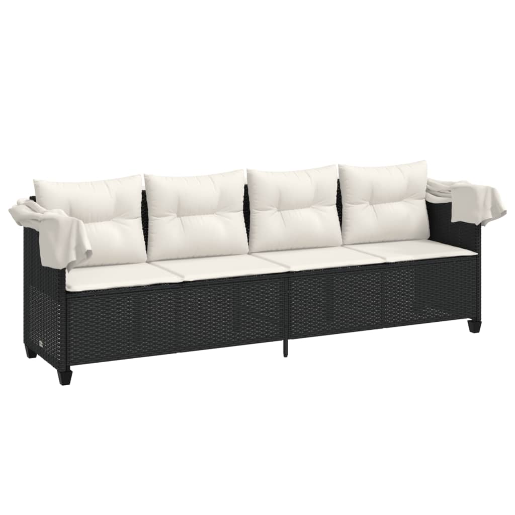 vidaXL Sonnenliege mit Dach und Kissen Schwarz Poly Rattan
