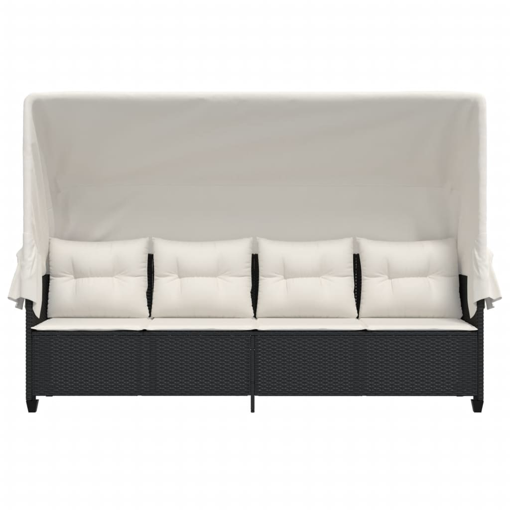vidaXL Sonnenliege mit Dach und Kissen Schwarz Poly Rattan