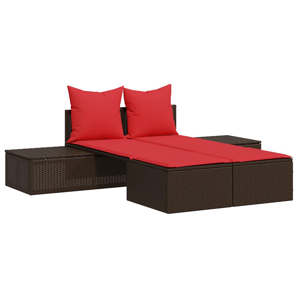 vidaXL Doppelte Sonnenliege mit Kissen Braun Poly Rattan