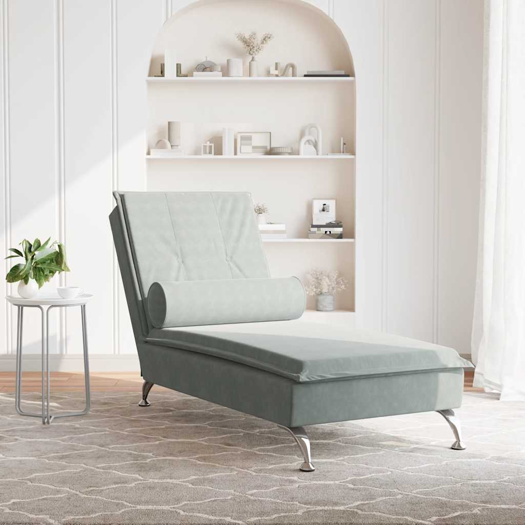 vidaXL Massage-Chaiselongue mit Nackenrolle Hellgrau Samt