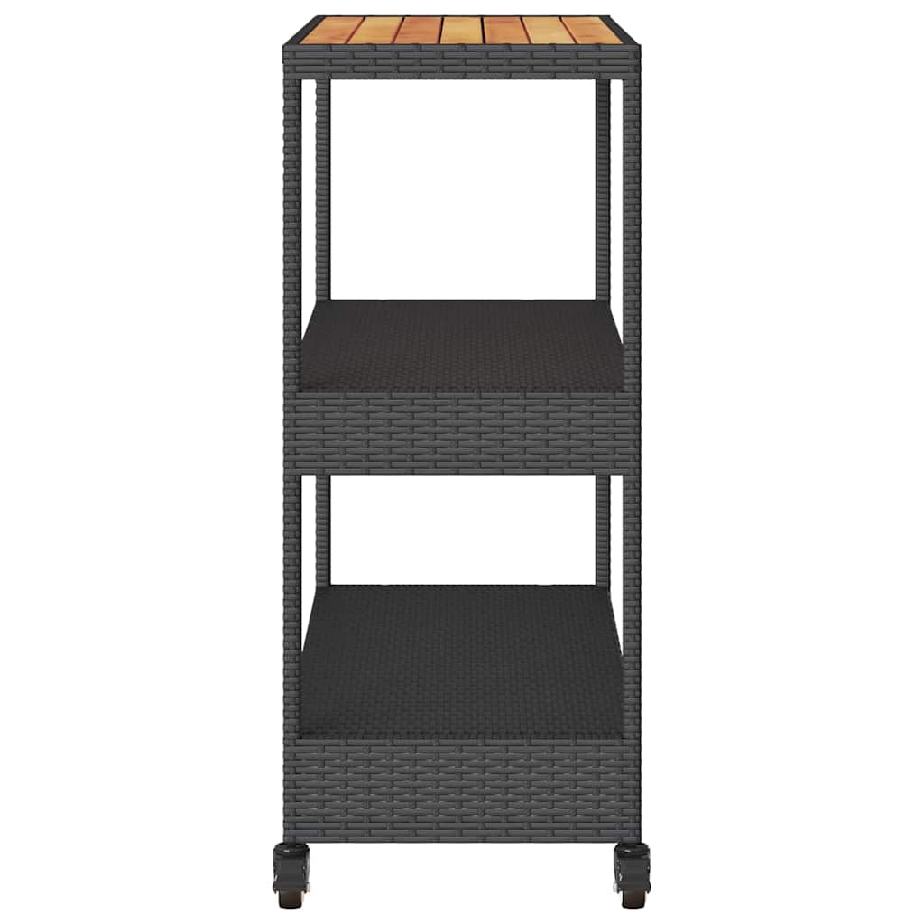 vidaXL Barwagen 3 Böden Schwarz Poly Rattan und Massivholz Akazie