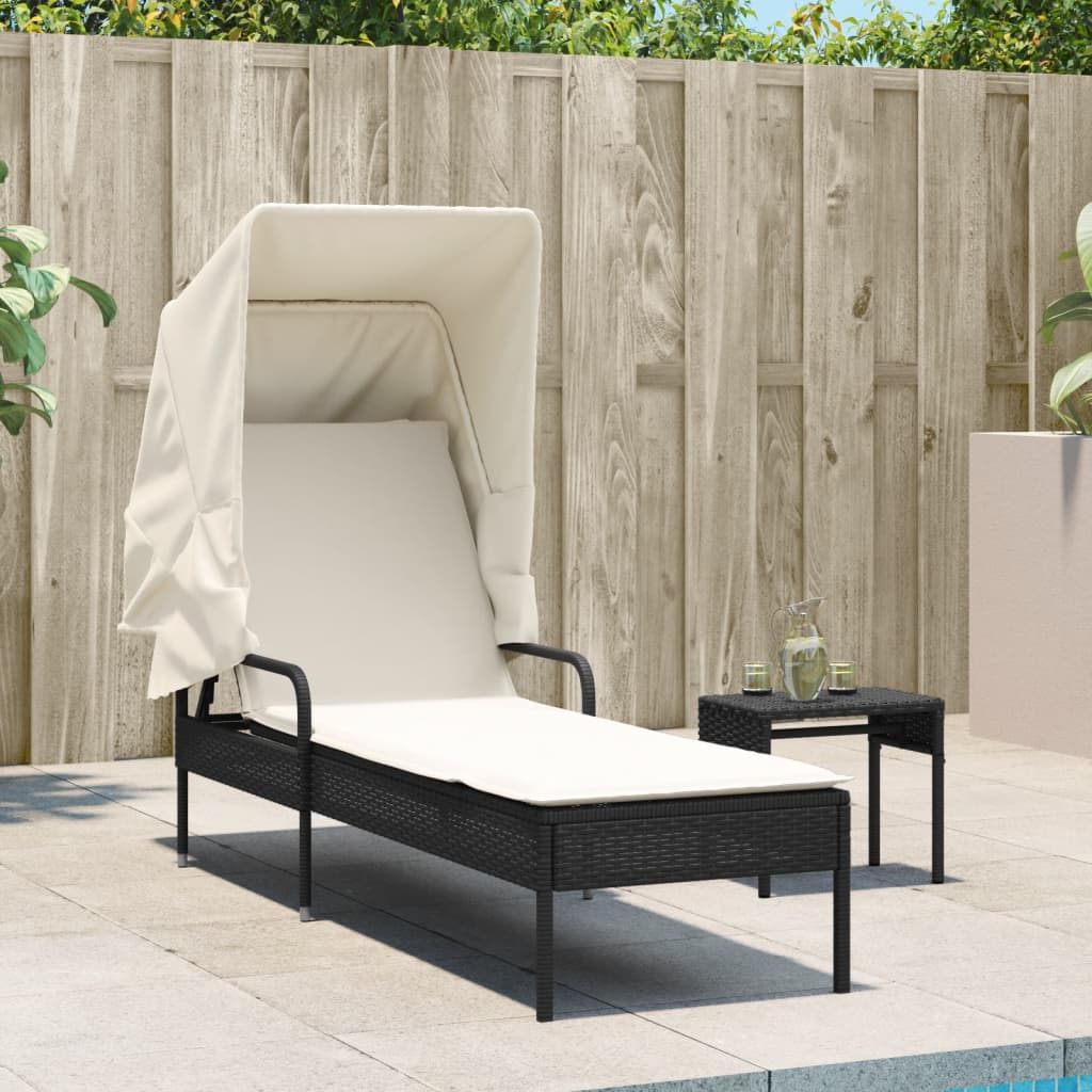 vidaXL Sonnenliege mit Dach und Tisch Schwarz Poly Rattan