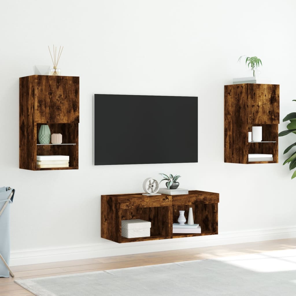 vidaXL 4-tlg. TV-Wohnwand mit LED-Leuchten Räuchereiche