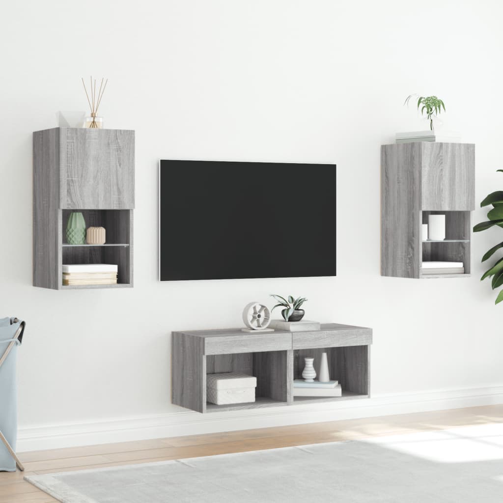 vidaXL 4-tlg. TV-Wohnwand mit LED-Leuchten Grau Sonoma