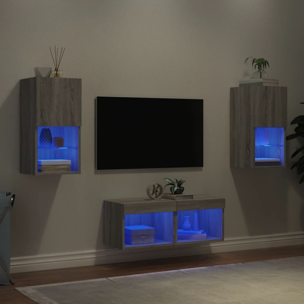 vidaXL 4-tlg. TV-Wohnwand mit LED-Leuchten Grau Sonoma