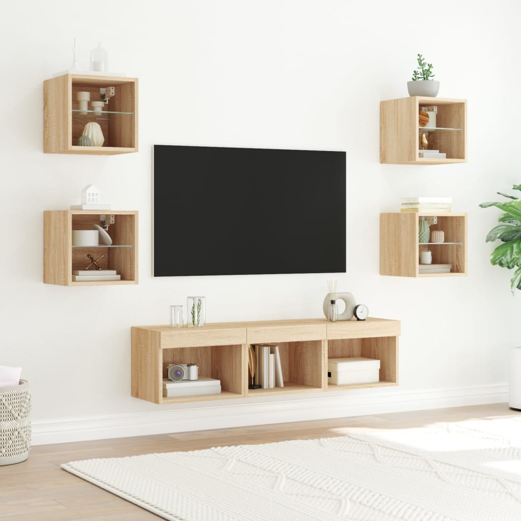 vidaXL 7-tlg. Wohnwand mit LED-Beleuchtung Sonoma-Eiche Holzwerkstoff