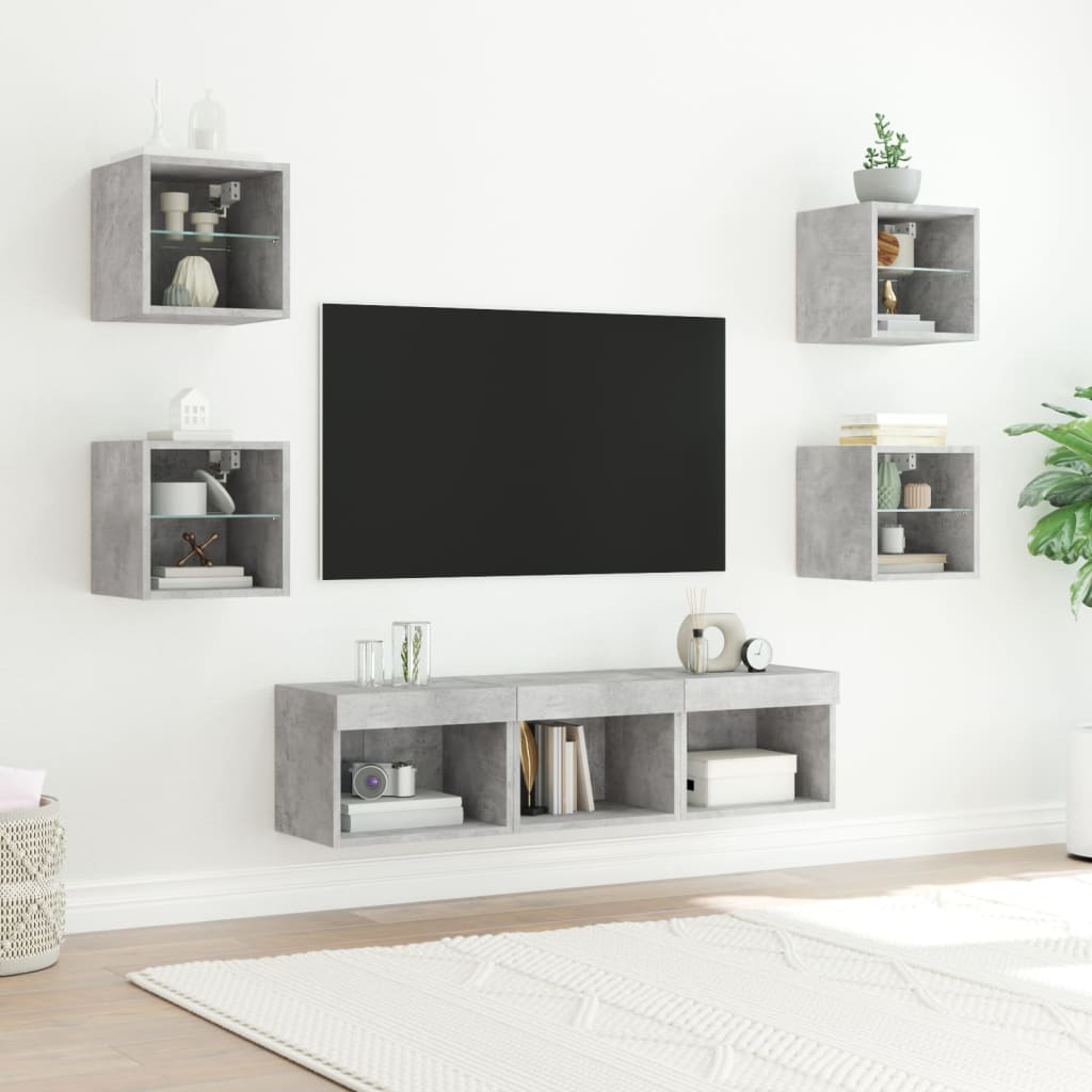 vidaXL 7-tlg. Wohnwand mit LED-Beleuchtung Betongrau Holzwerkstoff