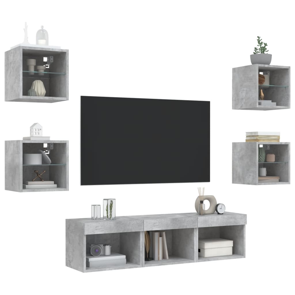 vidaXL 7-tlg. Wohnwand mit LED-Beleuchtung Betongrau Holzwerkstoff