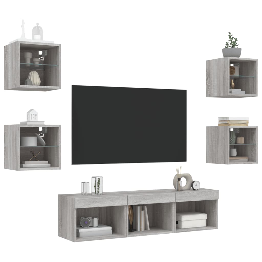 vidaXL 7-tlg. Wohnwand mit LED-Beleuchtung Grau Sonoma Holzwerkstoff