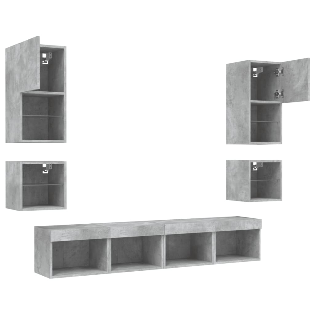 vidaXL 8-tlg. Wohnwand mit LED-Beleuchtung Betongrau Holzwerkstoff