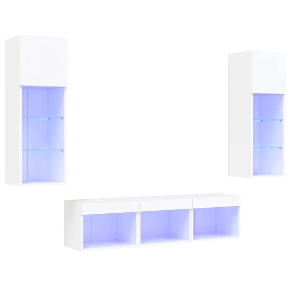 vidaXL 5-tlg. Wohnwand mit LED-Beleuchtung Weiß Holzwerkstoff