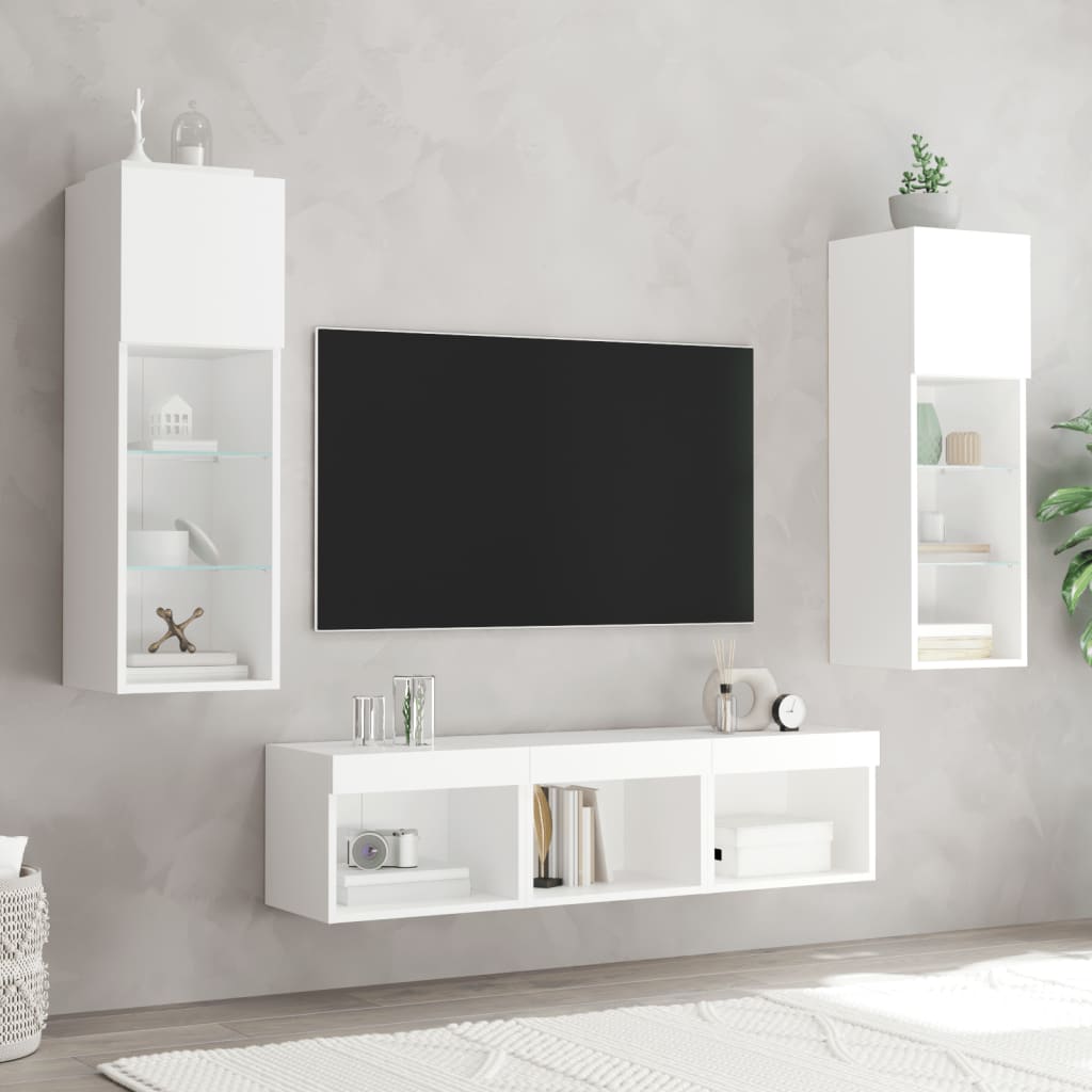 vidaXL 5-tlg. Wohnwand mit LED-Beleuchtung Weiß Holzwerkstoff