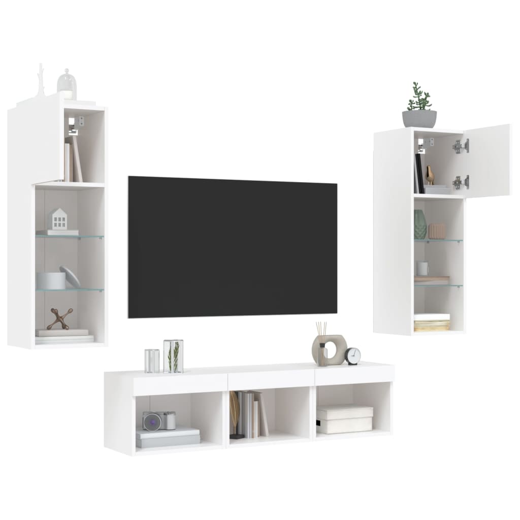 vidaXL 5-tlg. Wohnwand mit LED-Beleuchtung Weiß Holzwerkstoff