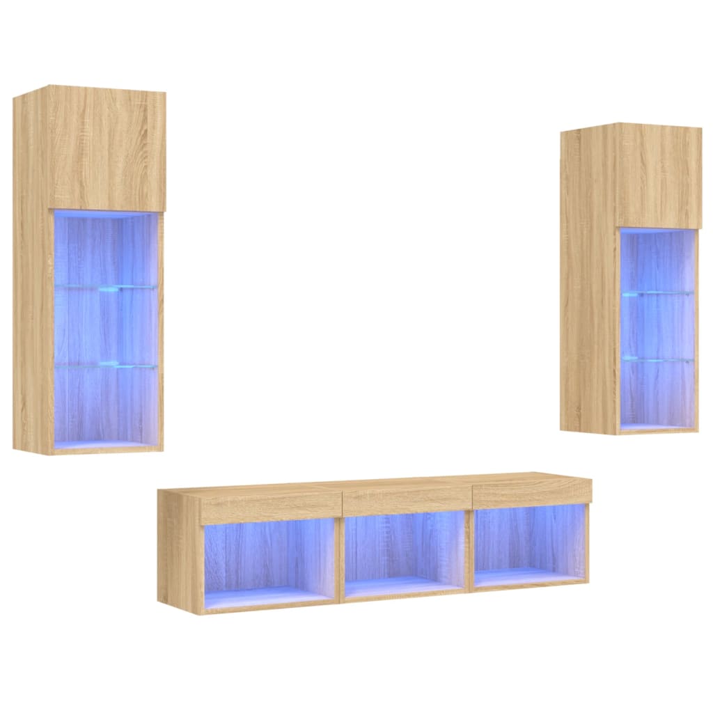 vidaXL 5-tlg. Wohnwand mit LED-Beleuchtung Sonoma-Eiche Holzwerkstoff