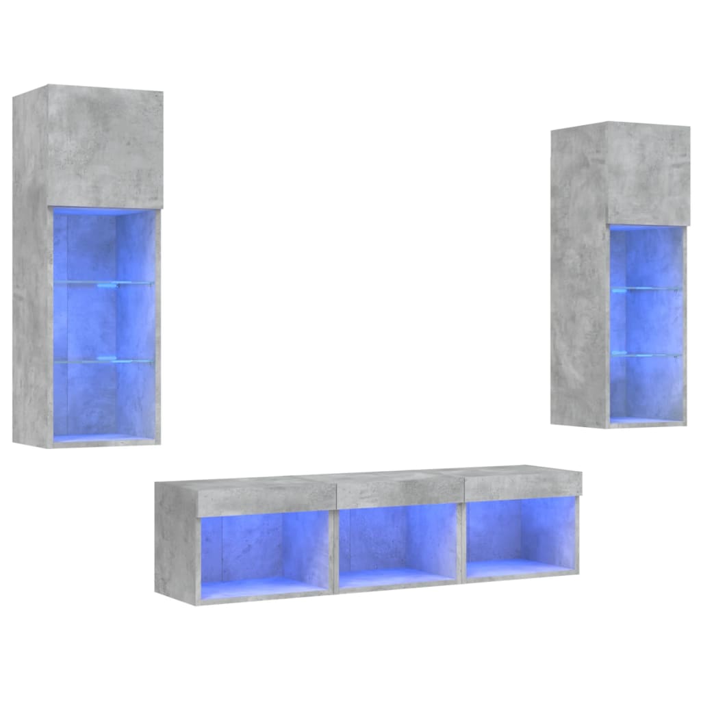 vidaXL 5-tlg. Wohnwand mit LED-Beleuchtung Betongrau Holzwerkstoff
