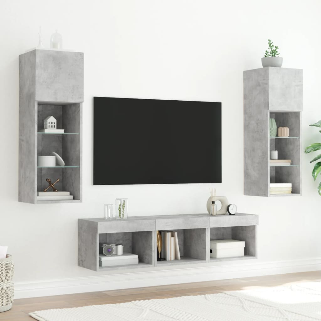 vidaXL 5-tlg. Wohnwand mit LED-Beleuchtung Betongrau Holzwerkstoff