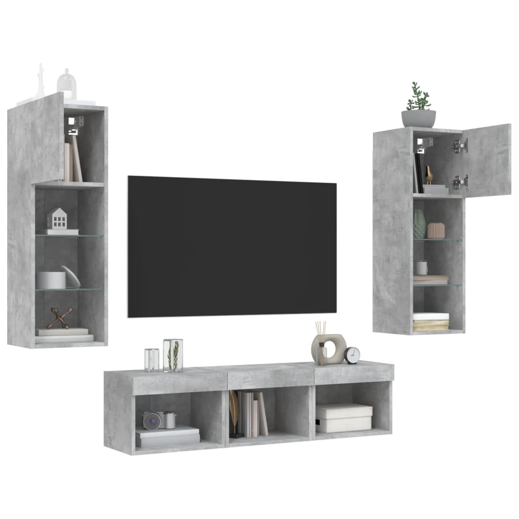 vidaXL 5-tlg. Wohnwand mit LED-Beleuchtung Betongrau Holzwerkstoff