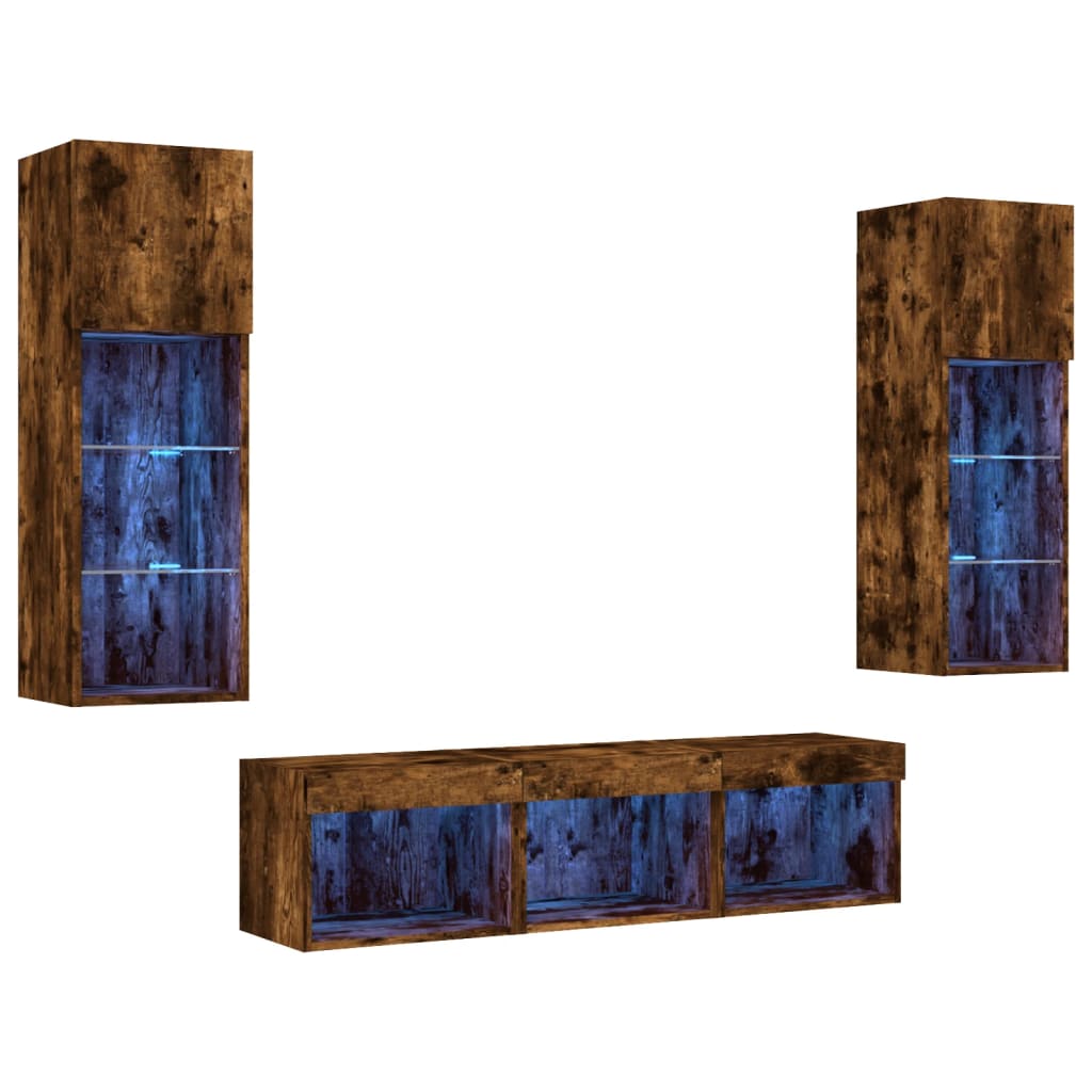 vidaXL 5-tlg. Wohnwand mit LED-Beleuchtung Räuchereiche Holzwerkstoff