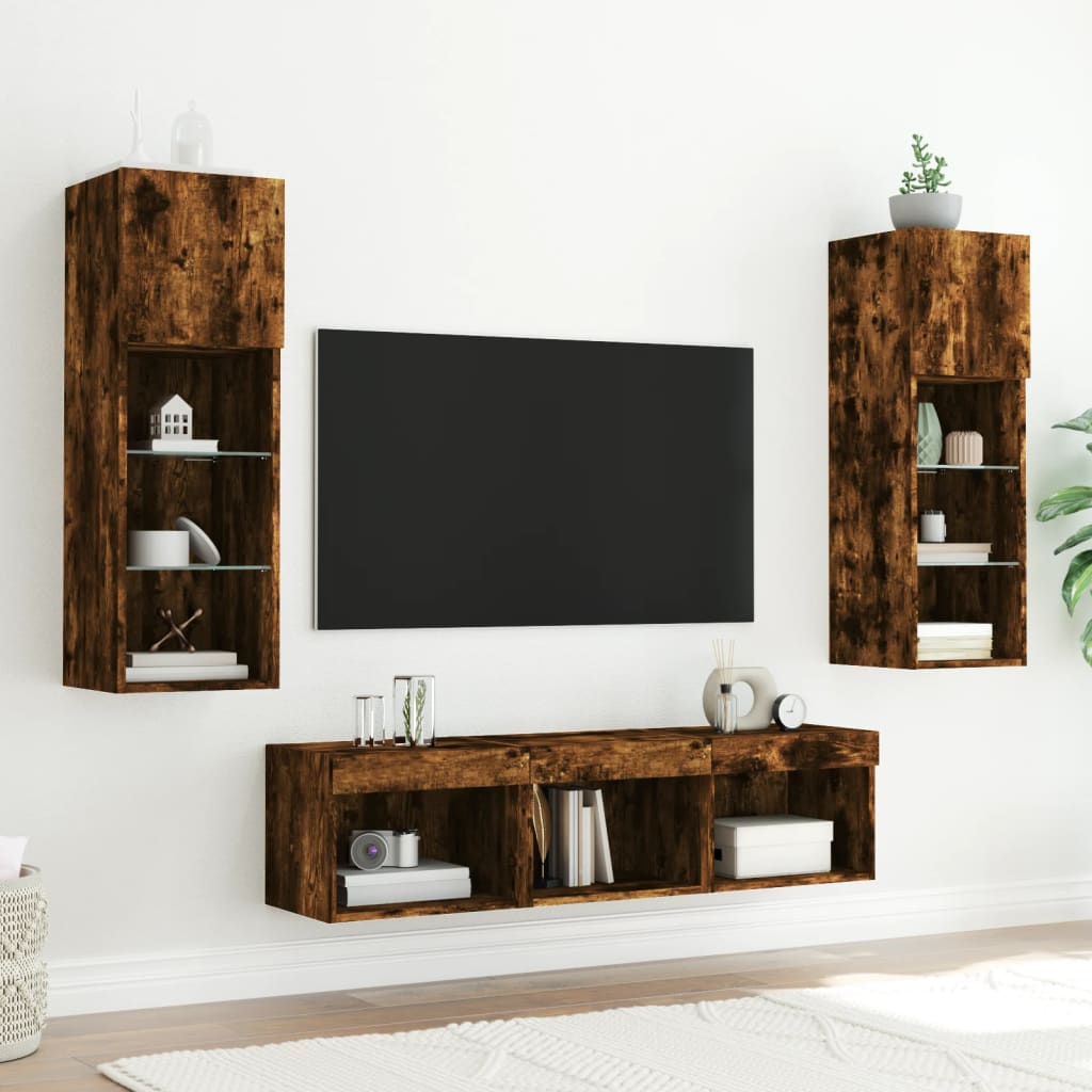 vidaXL 5-tlg. Wohnwand mit LED-Beleuchtung Räuchereiche Holzwerkstoff