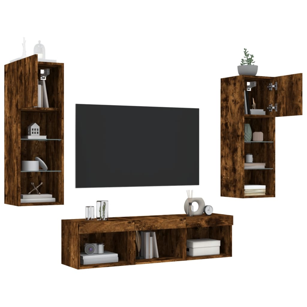 vidaXL 5-tlg. Wohnwand mit LED-Beleuchtung Räuchereiche Holzwerkstoff