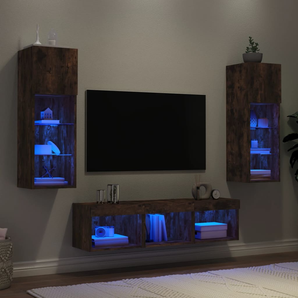 vidaXL 5-tlg. Wohnwand mit LED-Beleuchtung Räuchereiche Holzwerkstoff