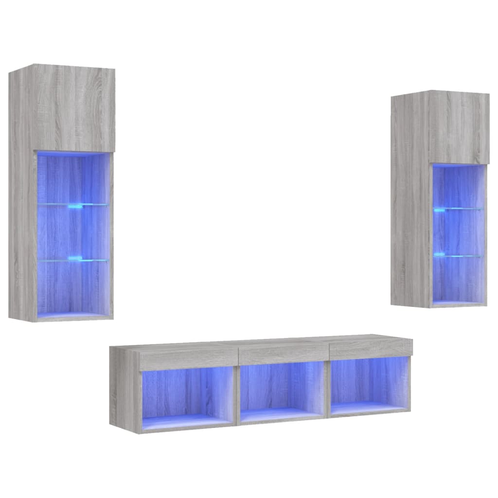 vidaXL 5-tlg. Wohnwand mit LED-Beleuchtung Grau Sonoma Holzwerkstoff