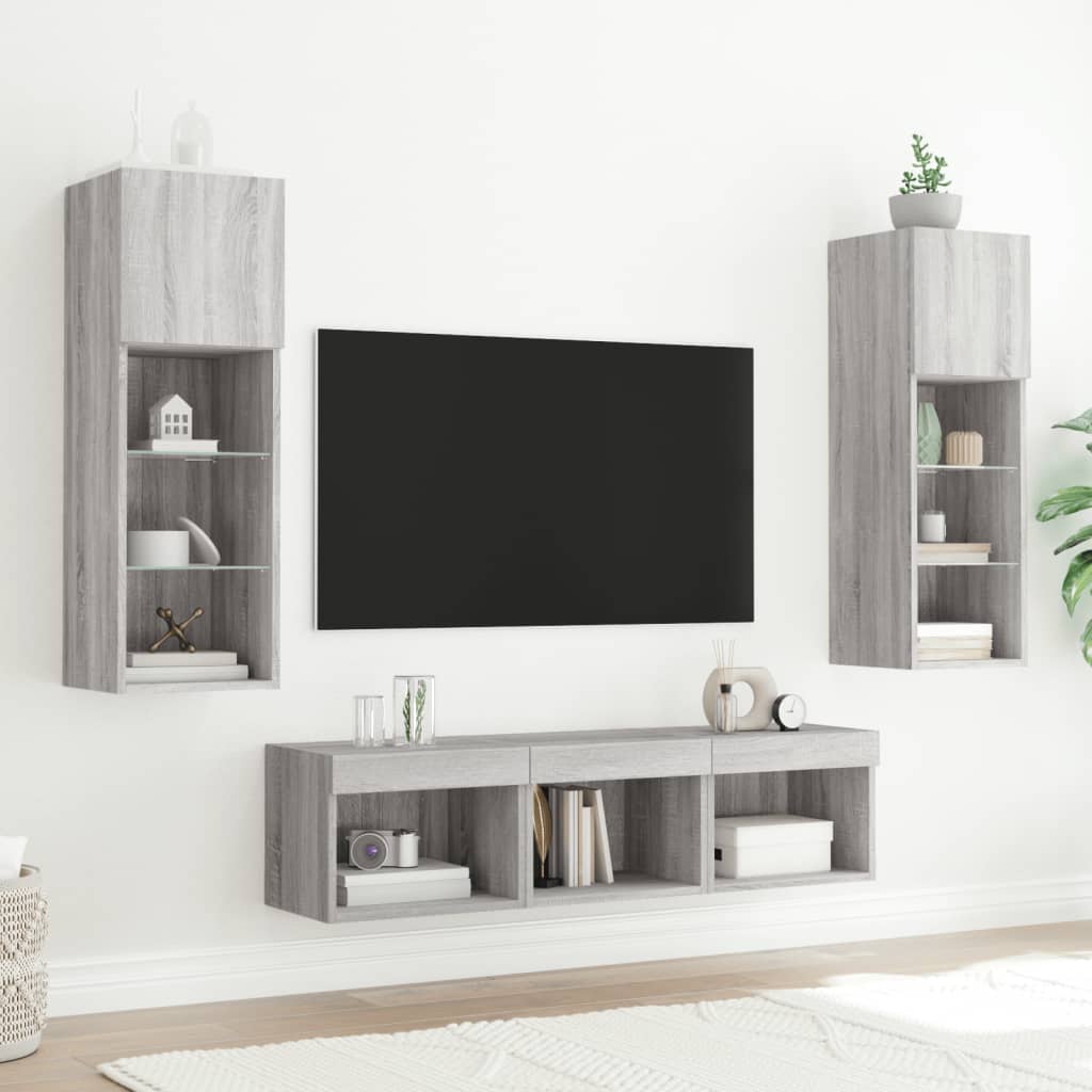 vidaXL 5-tlg. Wohnwand mit LED-Beleuchtung Grau Sonoma Holzwerkstoff