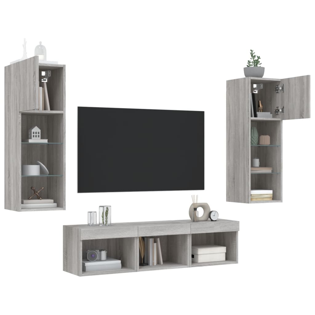vidaXL 5-tlg. Wohnwand mit LED-Beleuchtung Grau Sonoma Holzwerkstoff
