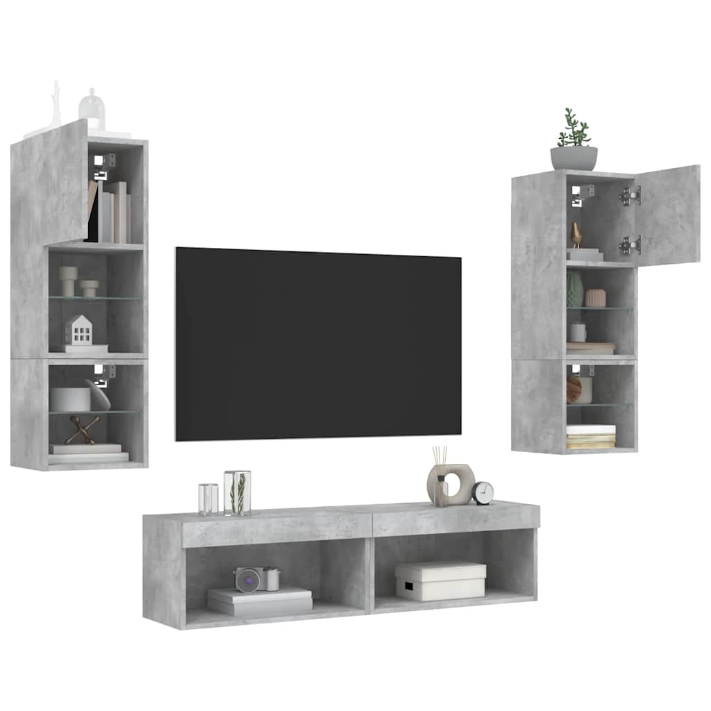 vidaXL 6-tlg. Wohnwand mit LED-Beleuchtung Betongrau Holzwerkstoff