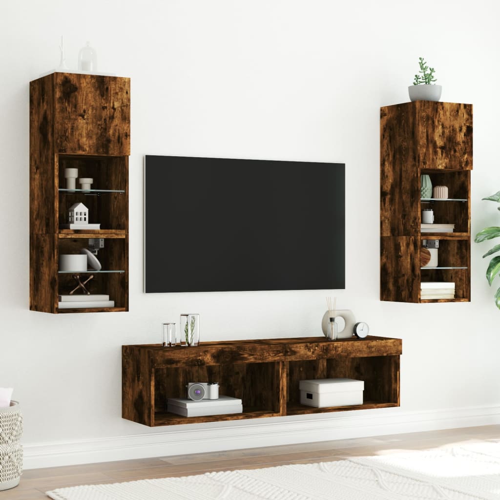 vidaXL 6-tlg. Wohnwand mit LED-Beleuchtung Räuchereiche Holzwerkstoff