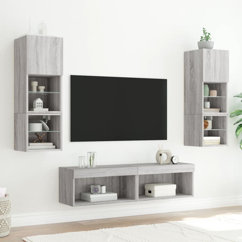vidaXL 6-tlg. Wohnwand mit LED-Beleuchtung Grau Sonoma Holzwerkstoff