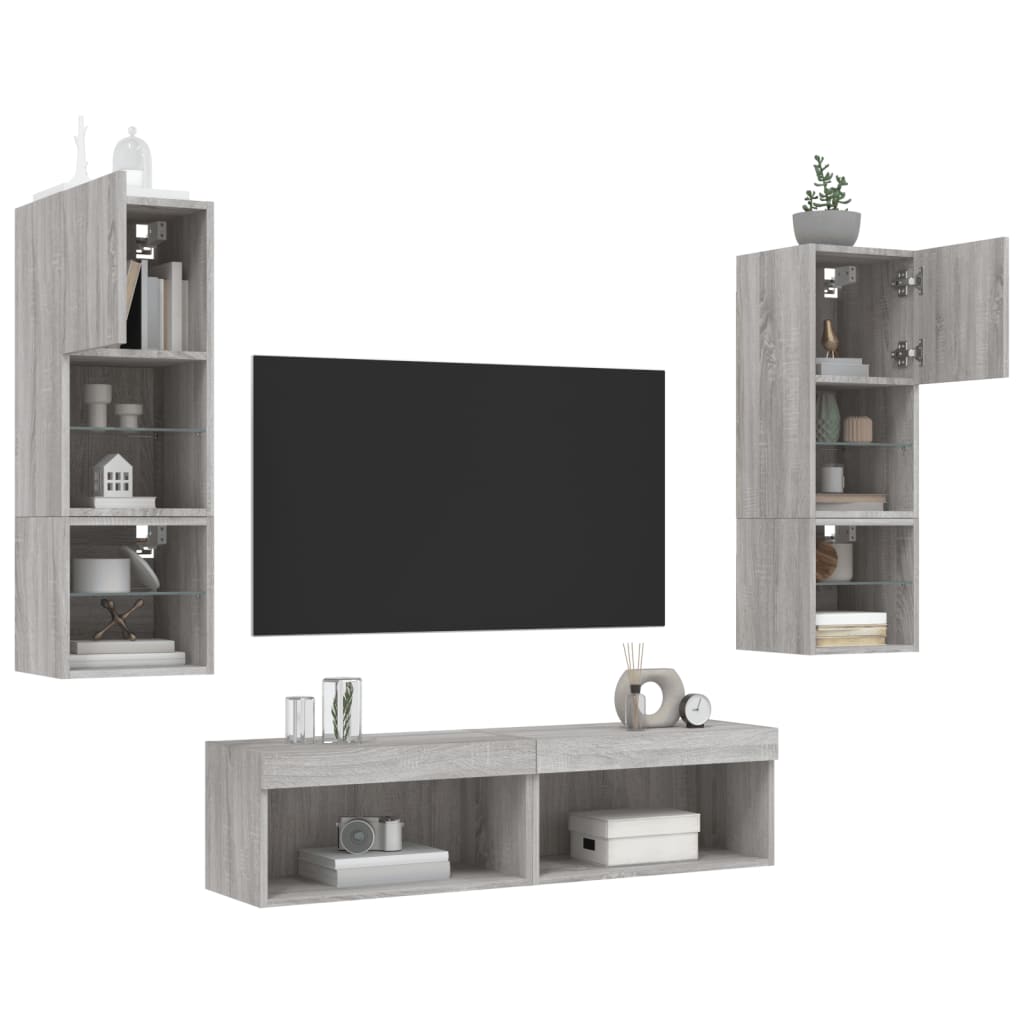 vidaXL 6-tlg. Wohnwand mit LED-Beleuchtung Grau Sonoma Holzwerkstoff