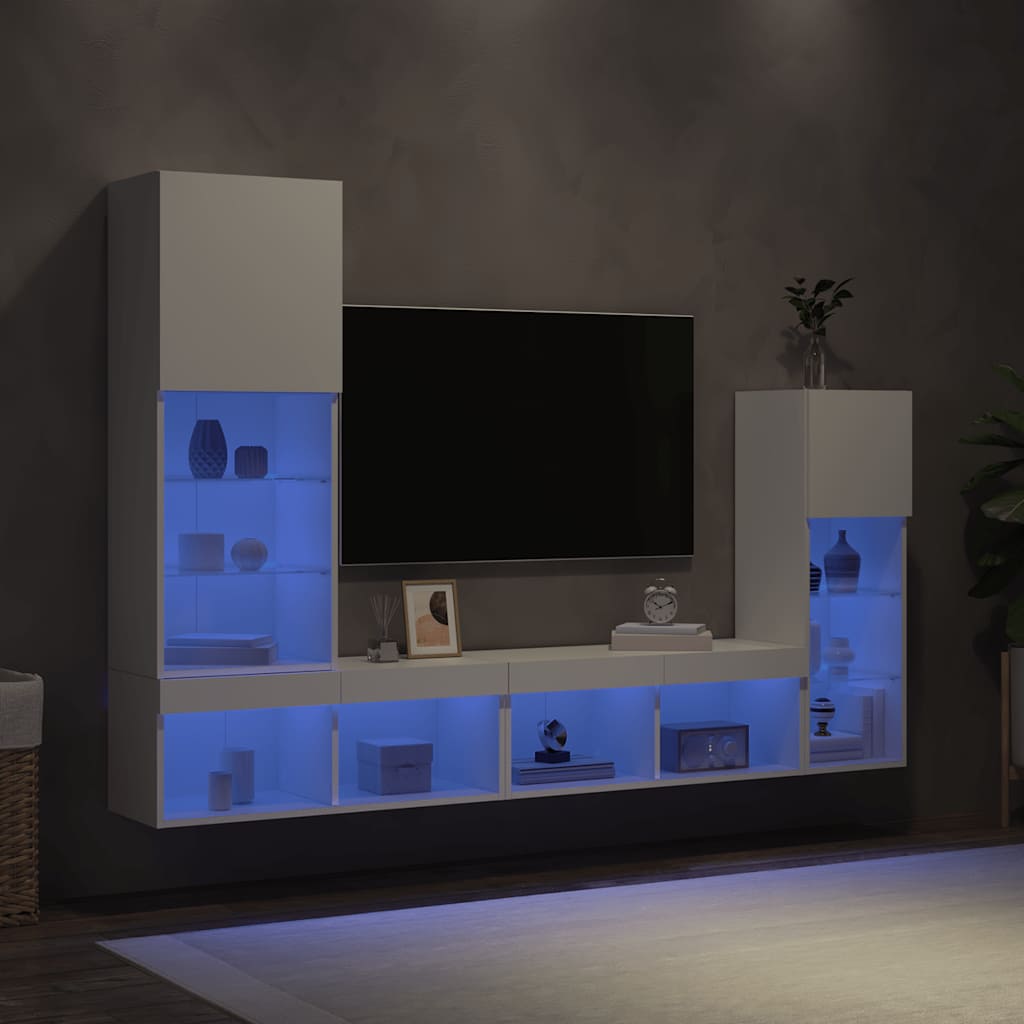 vidaXL 4-tlg. Wohnwand mit LED-Beleuchtung Weiß Holzwerkstoff