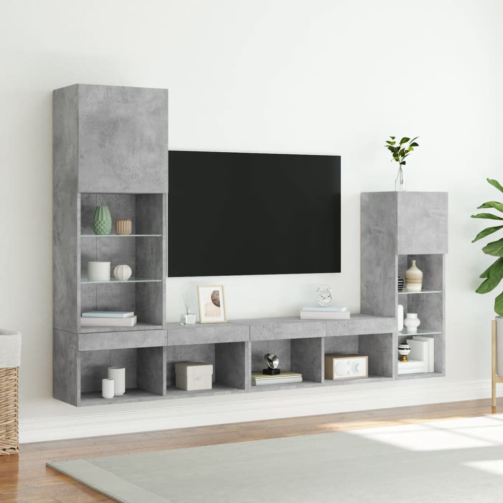 vidaXL 4-tlg. Wohnwand mit LED-Beleuchtung Betongrau Holzwerkstoff