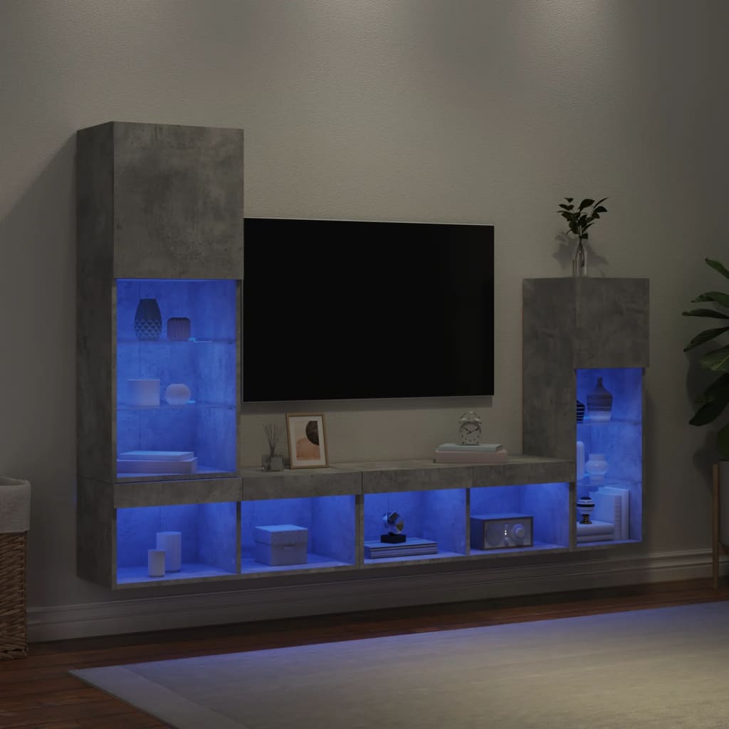 vidaXL 4-tlg. Wohnwand mit LED-Beleuchtung Betongrau Holzwerkstoff