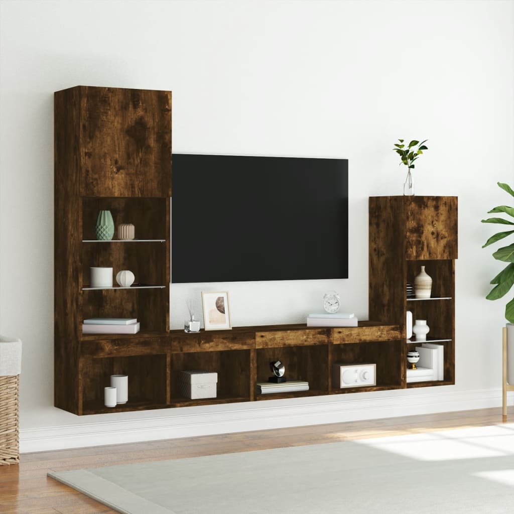 vidaXL 4-tlg. Wohnwand mit LED-Beleuchtung Räuchereiche Holzwerkstoff