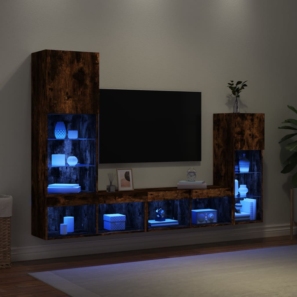 vidaXL 4-tlg. Wohnwand mit LED-Beleuchtung Räuchereiche Holzwerkstoff