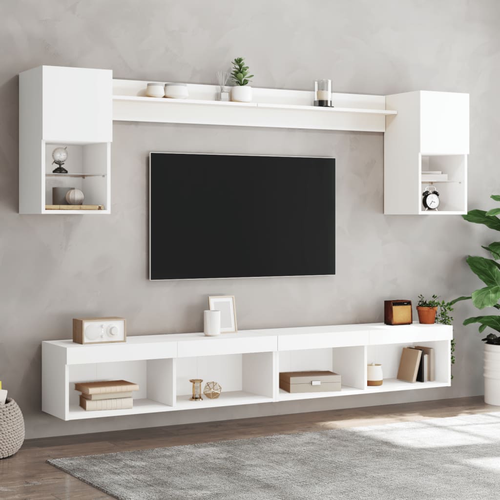 vidaXL 6-tlg. Wohnwand mit LED-Beleuchtung Weiß Holzwerkstoff