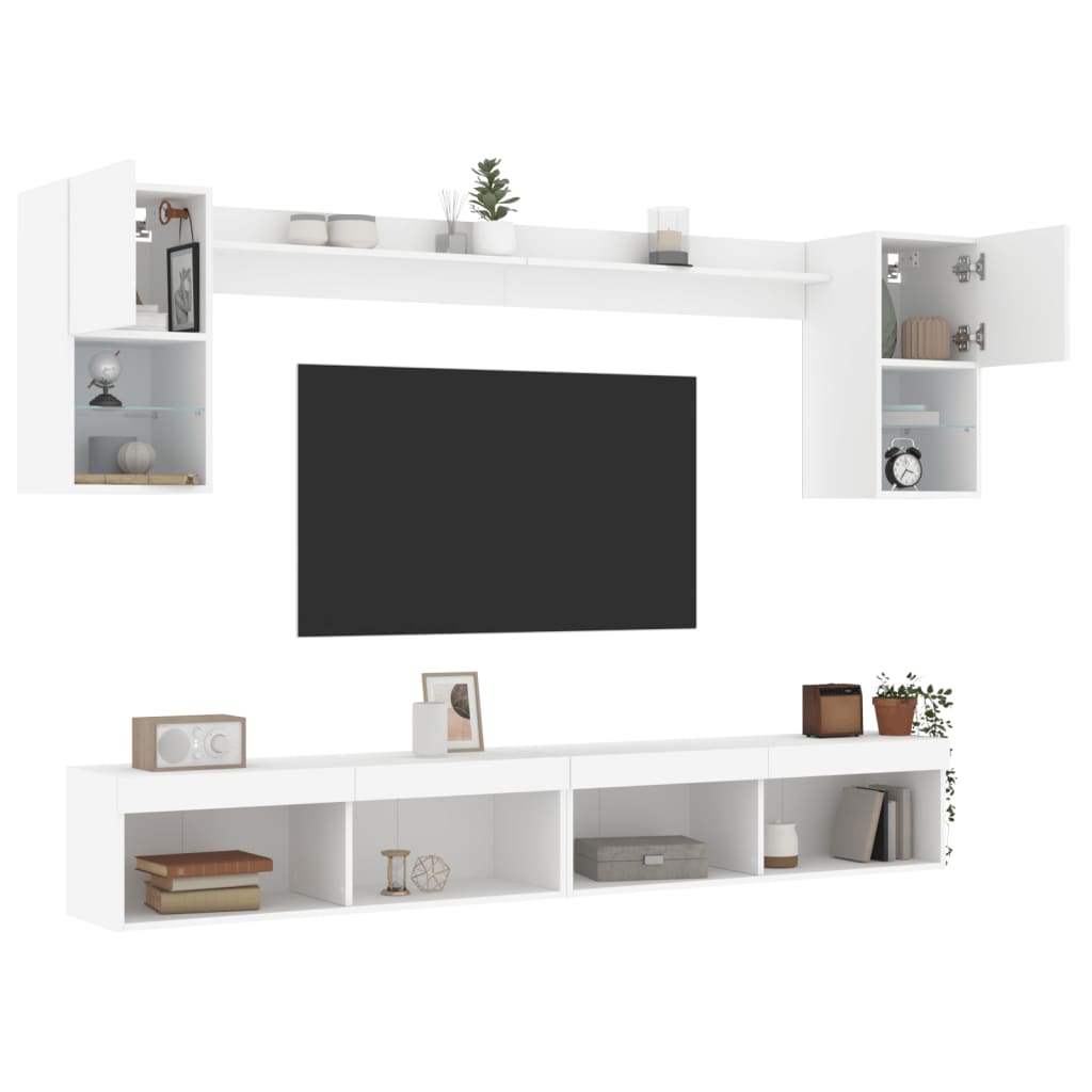 vidaXL 6-tlg. Wohnwand mit LED-Beleuchtung Weiß Holzwerkstoff